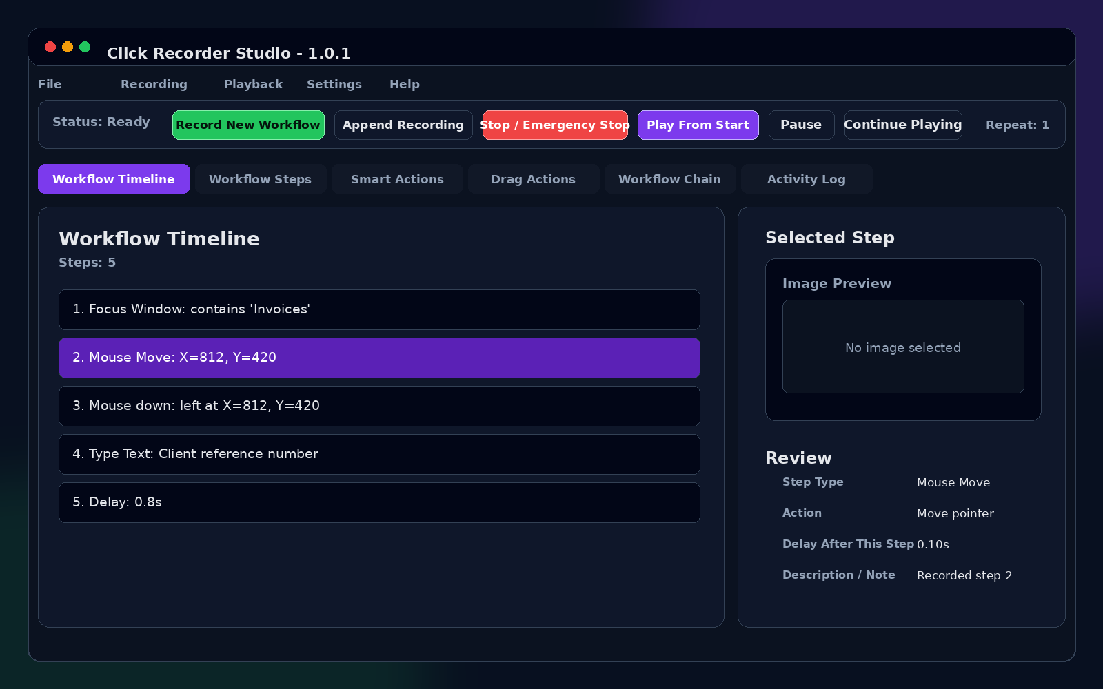 Click Recorder Studio main dashboard faithful placeholder
